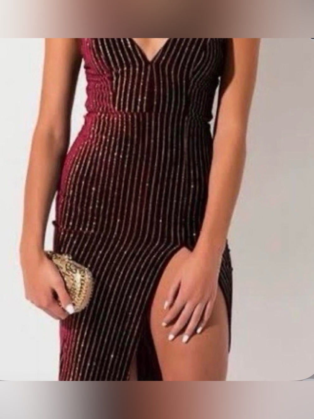AKIRA Burgundy gold V-Neck High-Slit Stripe Dress